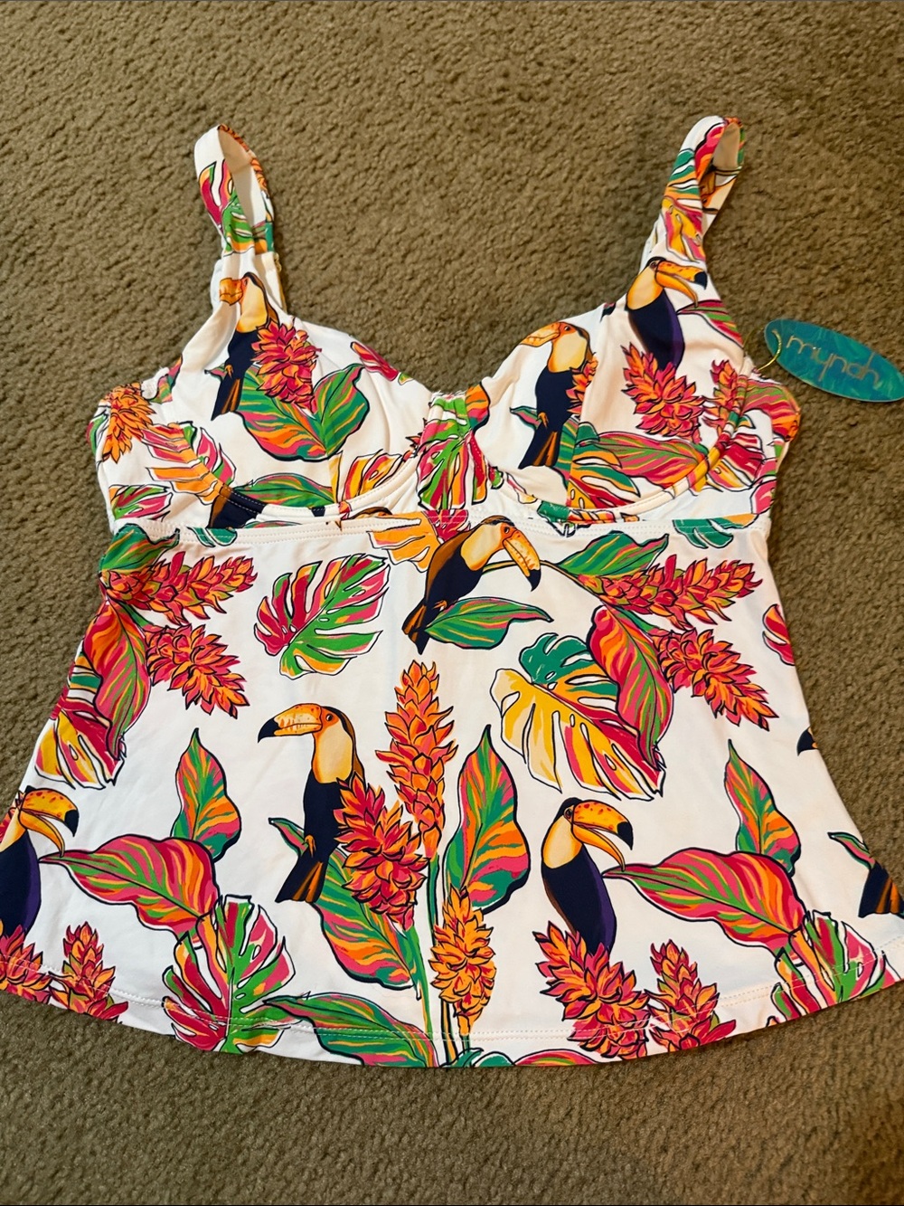 White Tropical Toucan tankini swim top size large - Picture 6 of 9